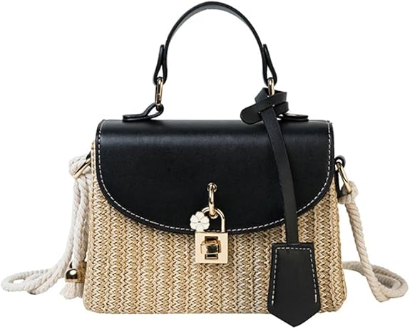 Compact Straw Square Crossbody with Hook Closure