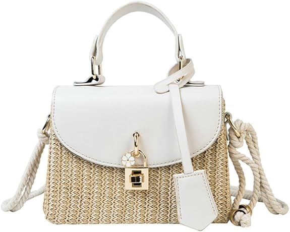 Compact Straw Square Crossbody with Hook Closure