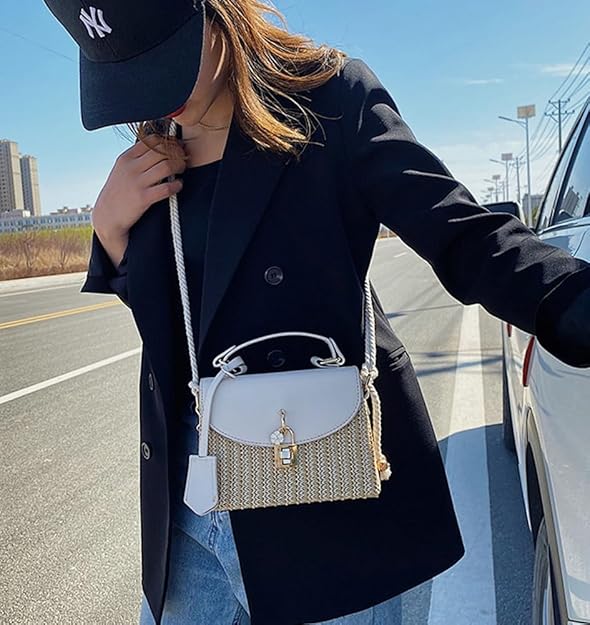 Compact Straw Square Crossbody with Hook Closure