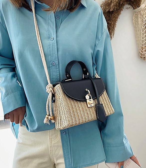 Compact Straw Square Crossbody with Hook Closure
