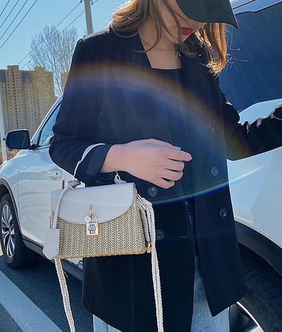 Compact Straw Square Crossbody with Hook Closure