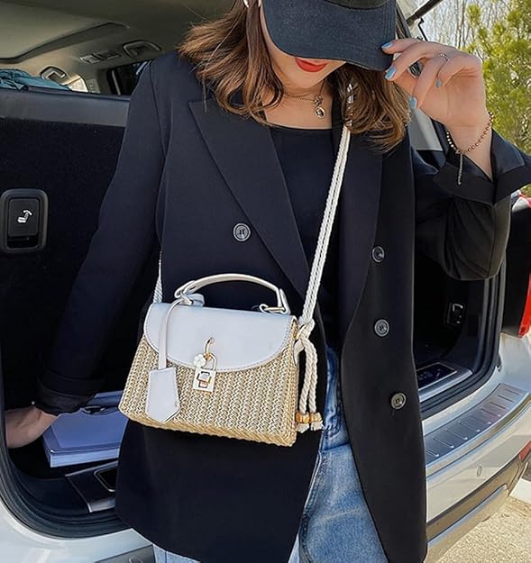 Compact Straw Square Crossbody with Hook Closure