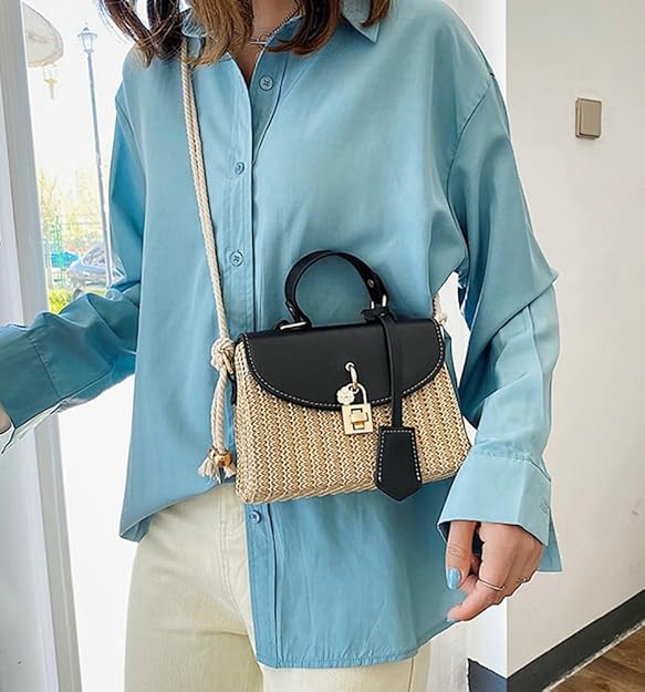 Compact Straw Square Crossbody with Hook Closure