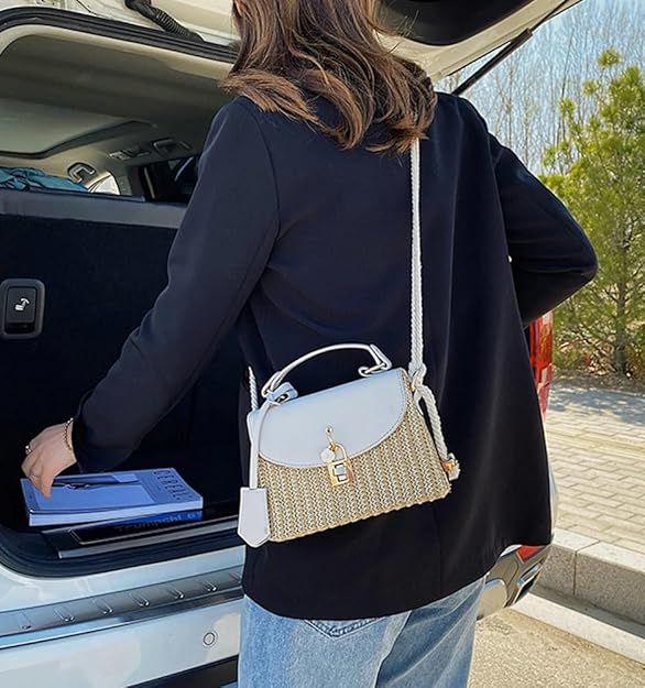 Compact Straw Square Crossbody with Hook Closure