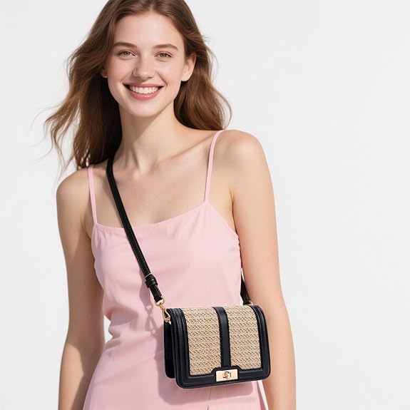 Straw Crossbody with Leather Stitch Detailing & Convertible Strap