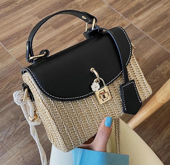 Compact Straw Square Crossbody with Hook Closure